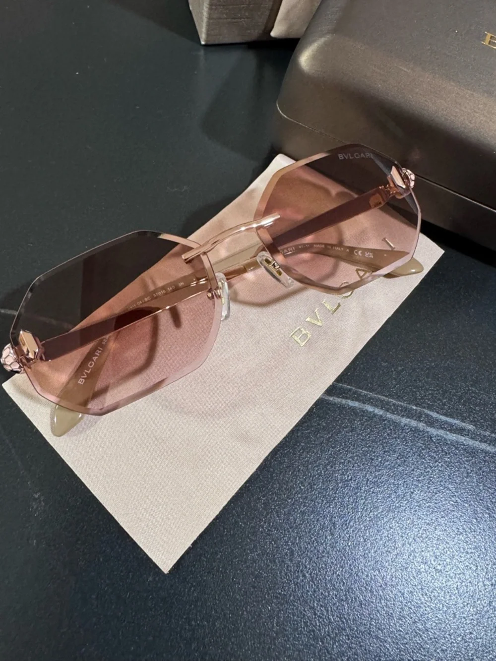 Bulgari Rose-Tint Octagonal Rimless Sunglasses - Picture 1 of 16
